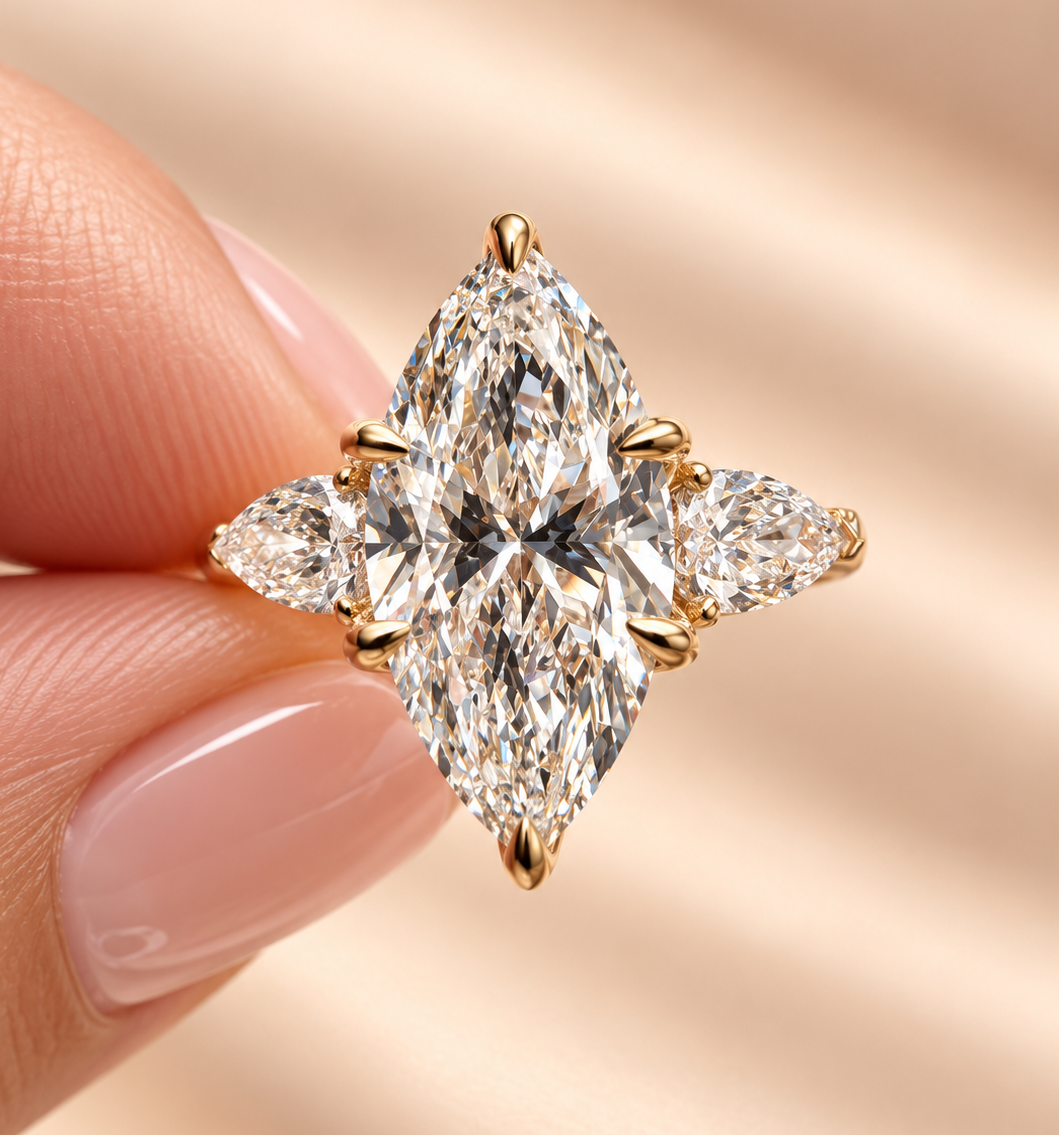 3.96 Carat Marquise Cut Three Stone Diamond Engagement Ring