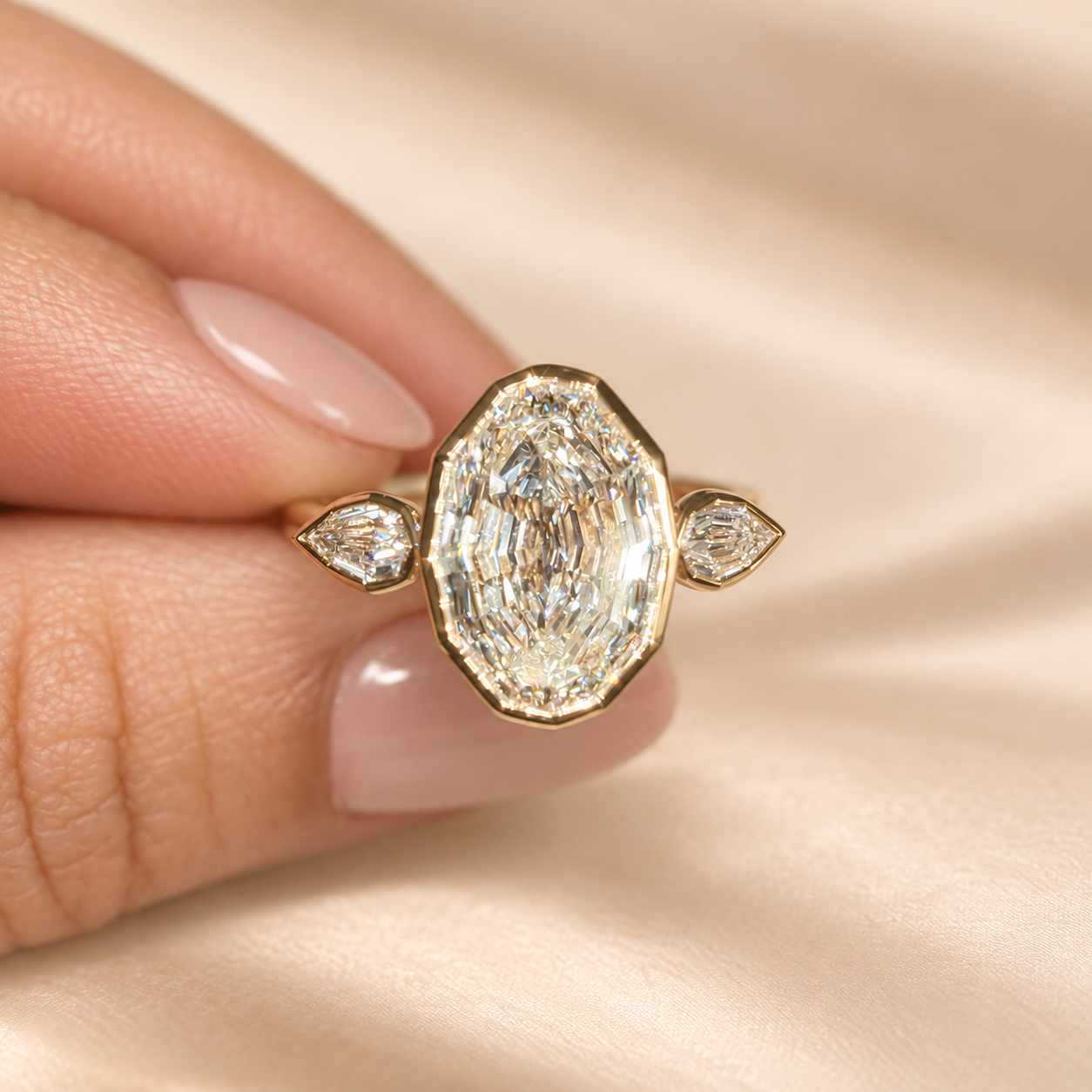 4.47 Step Cut Oval Three Stone Diamond Engagement Ring