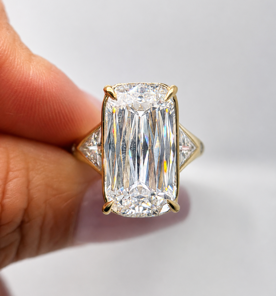 11.20 Carat Elongated Cushion Three Stone Diamond Engagement Ring