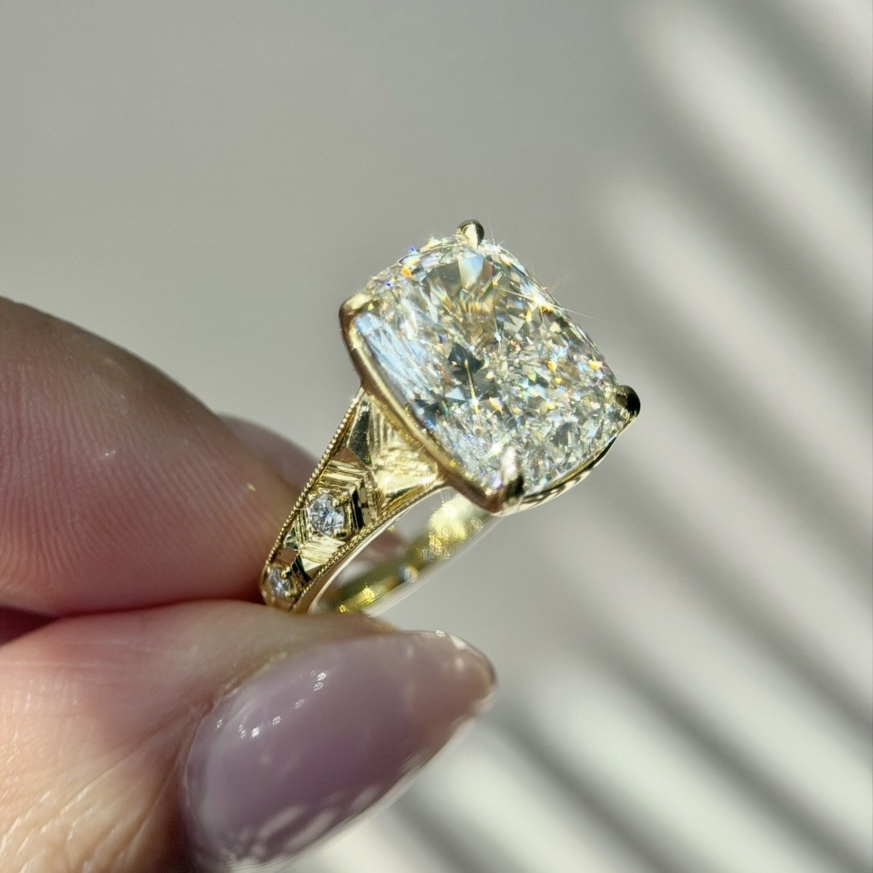 6.06 Carats Yellow Gold Vintage Cushion Cut Engagement Ring