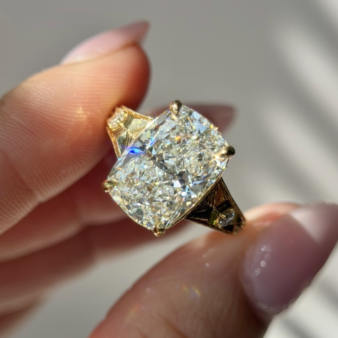 6.06 Carats Yellow Gold Vintage Cushion Cut Engagement Ring