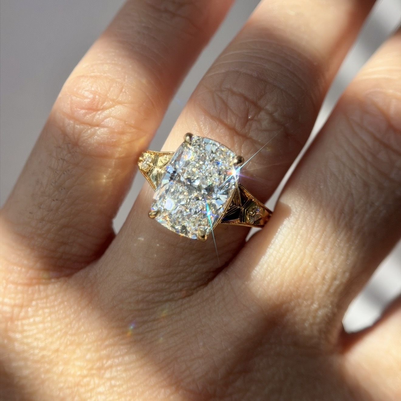 6.06 Carats Yellow Gold Vintage Cushion Cut Engagement Ring