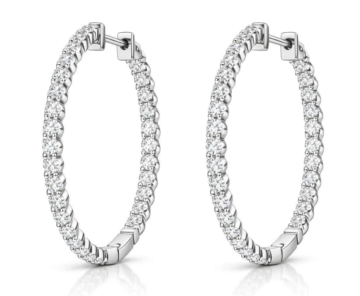 3.00 Carat Round  In & Out Diamond Hoop Earrings