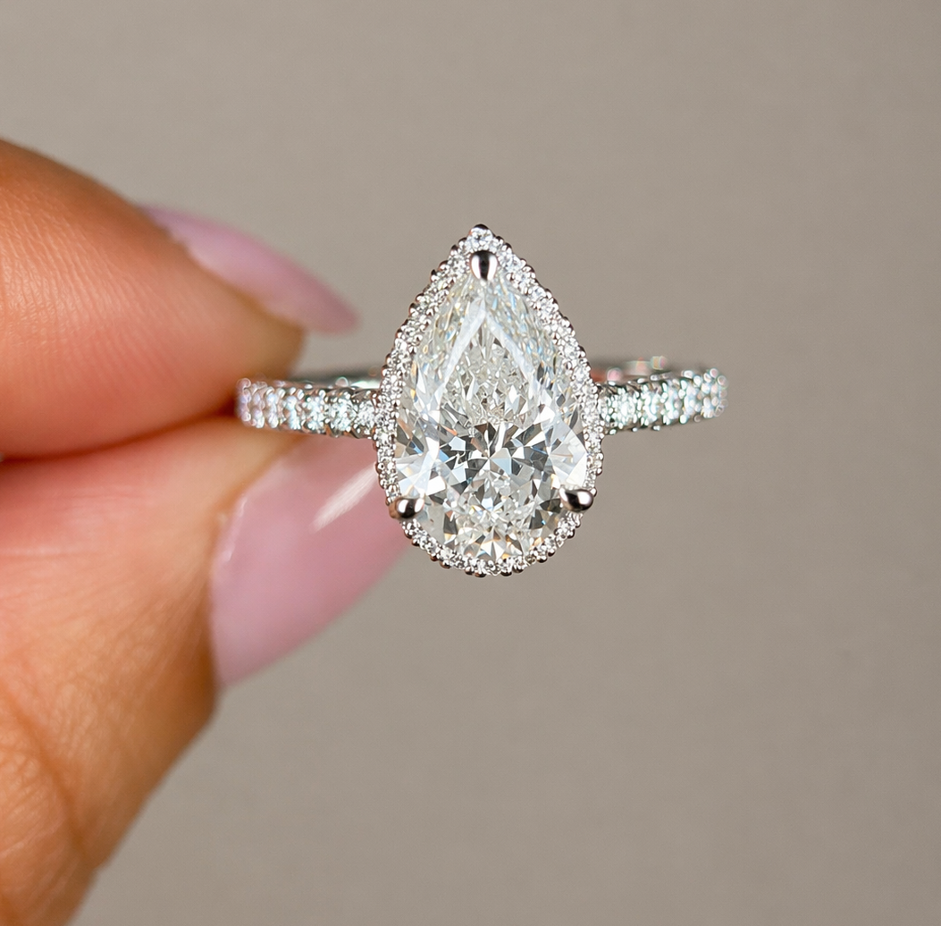 3.00 Carat Pear Cut Halo Pave Diamond Ring