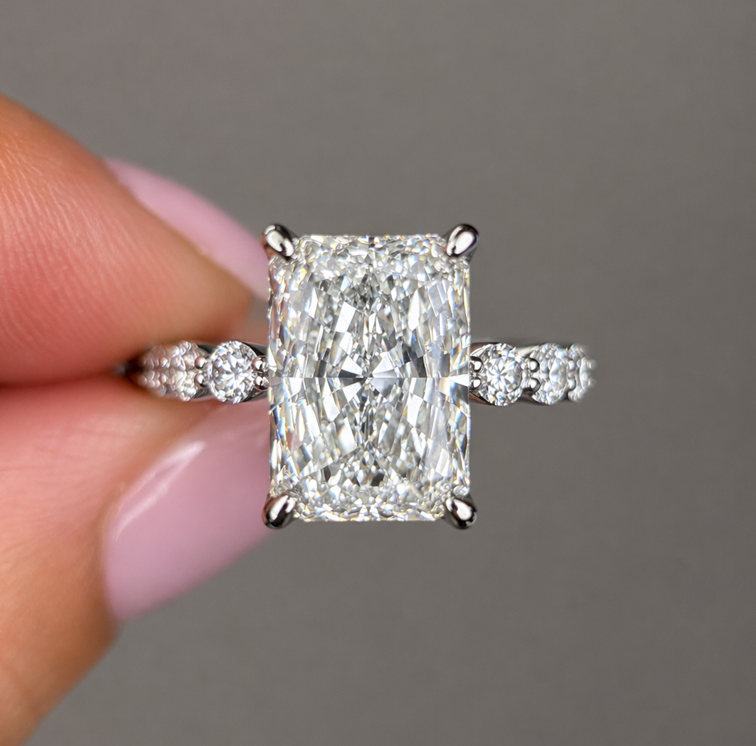 5.93 Carat Radiant Cut Shared Prong Diamond Ring
