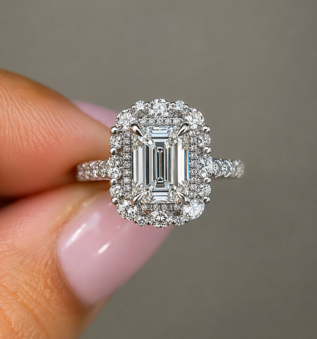 4.75 Carat Emerald Cut & Marquise Halo Diamond Ring