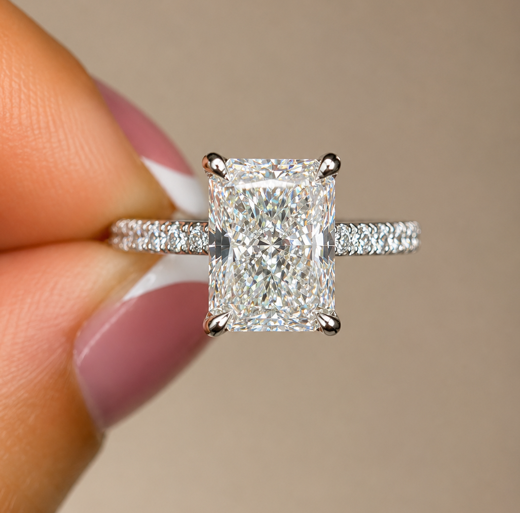 3.47 Carats Platinum  Radiant Cut Hidden Halo Diamond Engagement Ring