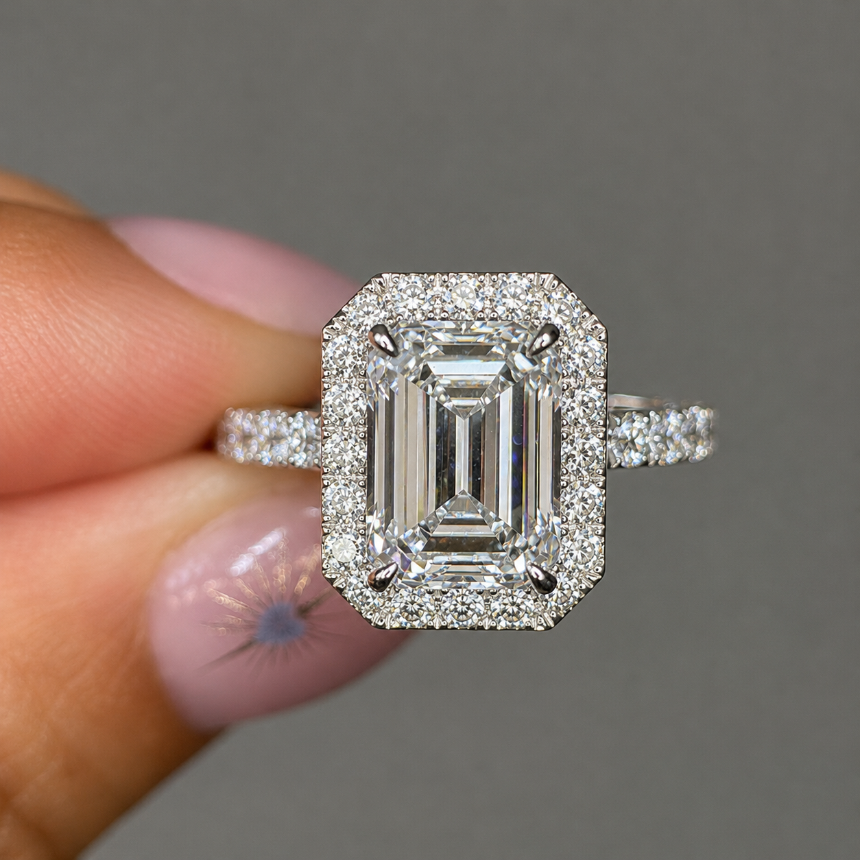 6.70 Carat Emerald Halo 3D  Diamond Engagement Ring